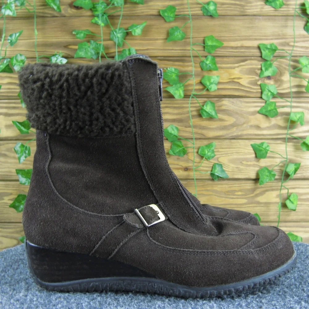 Sudini Women 8.5 Brown Suede Shearling Lined Wedge Boots‎ Zip Up Cozy Winter